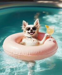 A cool Chihuahua dog in sunglasses floats on a pink ring in a sparkling pool, holding a drink, embodying ultimate summer relaxation and fun