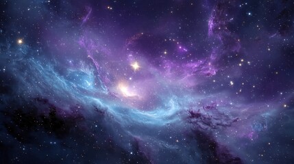 Naklejka premium cosmic nebula with purple and blue stars, space wallpaper