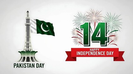 A celebratory graphic for Pakistan's Independence Day on August 14th, featuring the iconic Minar-e-Pakistan monument and national flag.