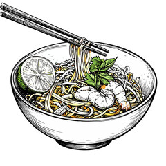 Hand-drawn illustration of an Asian noodle soup bowl with shrimp, lime, and chopsticks lifting noodles.