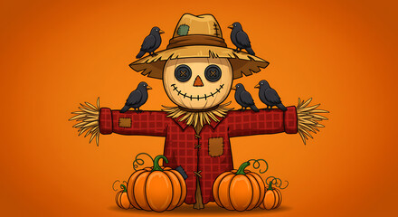 A Cheerful Cartoon Scarecrow with Pumpkins and Crows, Perfect for Autumn or Halloween, Image_fx (31).png