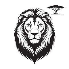 Lion head vector illustration of a wild animal mascot in black and white silhouette style
