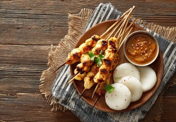Grilled chicken skewers with sauce and rice cakes