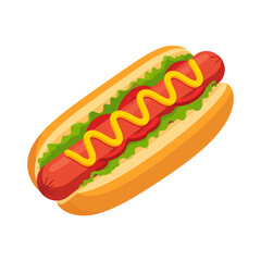 Flat design hot dog with sausage in a bun, topped with yellow mustard, lettuce, and tomato slices.