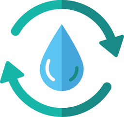 A water drop surrounded by two arrows forming a circle on a white background in a flat design style