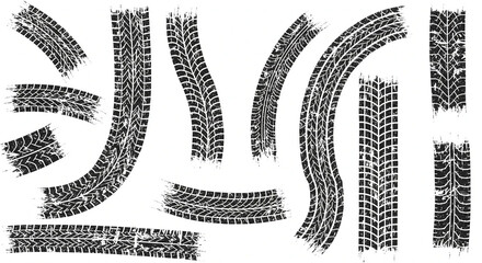 Dirty tire tracks texture set - grunge textures. Tire tracks after skidding, launch, drift, powerslide in motorsport, rally, off-road, motocross. Wheel texture with splash effect.