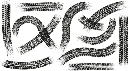 Dirty tire tracks texture set - grunge textures. Tire tracks after skidding, launch, drift, powerslide in motorsport, rally, off-road, motocross. Wheel texture with splash effect.
