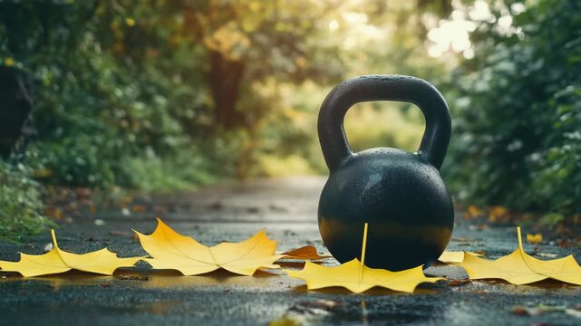 Cast iron kettlebell on wet road. Autumn leaves on ground. Fitness concept.