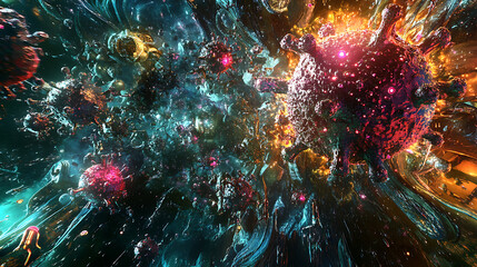 Obraz premium Vibrant color image of virus being disassembled by intelligent nanobot swarm 