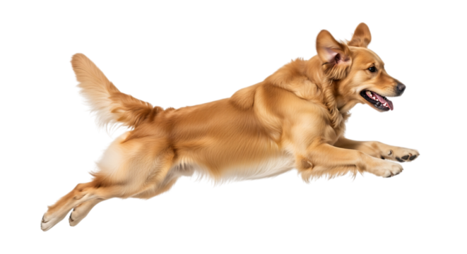 Golden retriever in midair jump against a transparent background