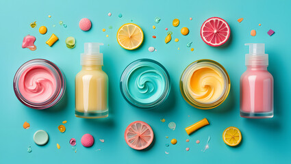 A colourful vector art set of isolated medicine and cosmetic bottles in white, red, blue, yellow, green, and pink