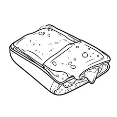 Monochrome line art of a cheesy lasagna portion in a baking dish with gooey melted cheese.