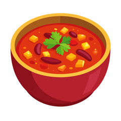 Isometric vector icon of a red bowl of chili with beans, cheese cubes, and a fresh green herb garnish.