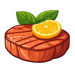 Juicy Grilled Salmon Steak with Grill Marks, Lemon Slice, and Fresh Basil Leaves