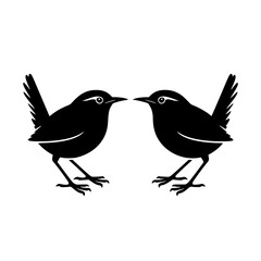 Fototapeta premium Two Wren Birds Facing Each Other: A simple black and white line art illustration depicts two wrens in profile view, facing each other, showcasing their elegant silhouettes against a white background.