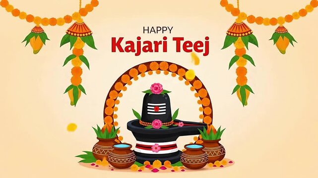 Happy Kajari Teej festival celebration greeting card. Vector illustration of Lord Shiva Lingam with floral decoration for this Hindu occasion.