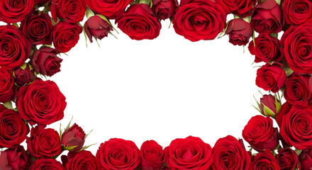 Frame of red roses surrounding a transparent background