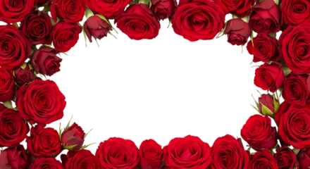 Frame of red roses surrounding a transparent background