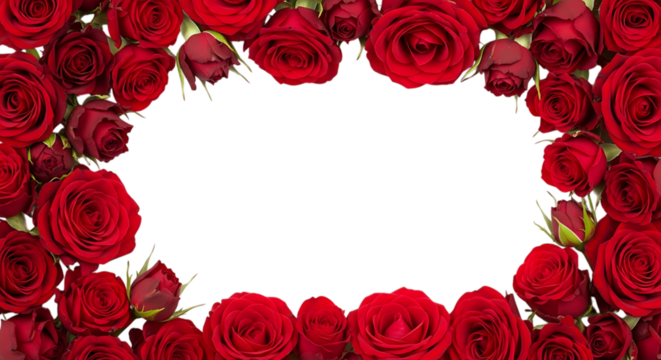 Frame of red roses surrounding a transparent background