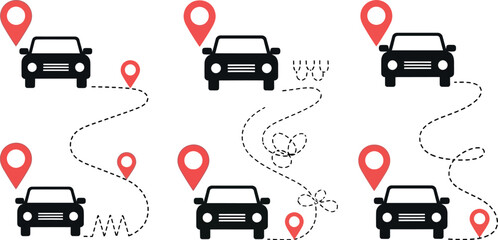 Illustration of cars following dotted paths between red location markers on a white background