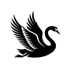 Fototapeta premium Elegant Swan in Flight: A striking monochrome line art illustration depicts a swan gracefully soaring, its wings spread wide against a clean white backdrop.