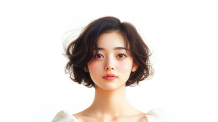 Fototapeta premium young Asian woman with short, wavy hair and neutral expression, against white background.