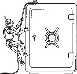 A robot climbing a rope attached to a safe with a combination lock in a black and white illustration