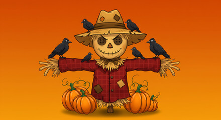 A spooky cartoon scarecrow with button eyes and a sinister smile, standing in a pumpkin patch as black crows gather on its arms and hat for a festive Halloween illustration.