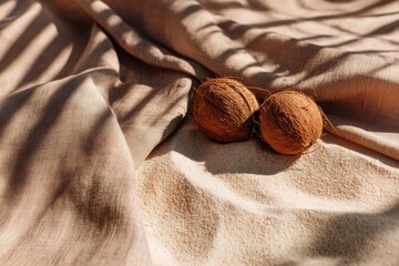 Whole coconut with leaf shadows on beach surface
