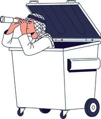 Man in traditional headdress inside a blue dumpster looking through a telescope on a white background