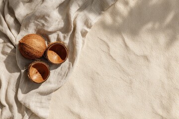 A whole coconut and half shell on linen cloth over sandy beach