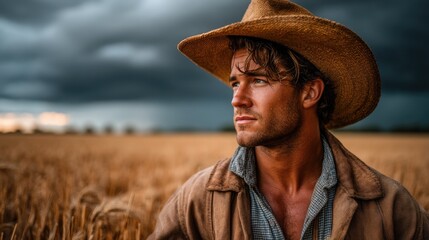 Obraz premium Cowboy in a wheat field under a dramatic sky.