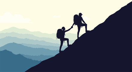 Two hikers are climbing a steep mountain slope supporting each other with a helping hand against a backdrop of misty blue mountain ranges