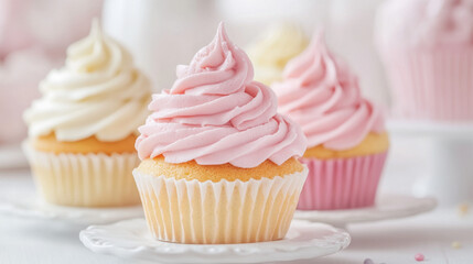Colourful swirl cupcakes on white surface with soft lighting perfect for dessert promotions bakery ads party visuals and food blogs