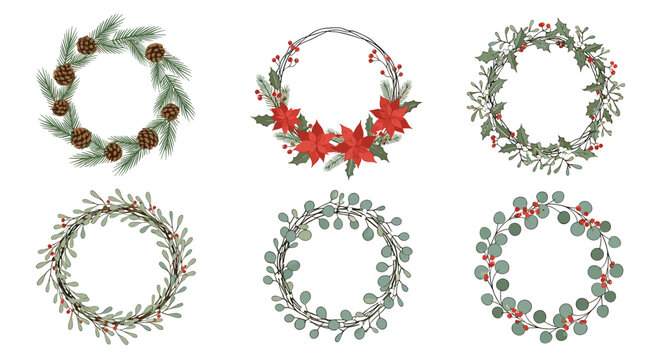 Beautiful hand painted watercolor christmas wreaths featuring pine cones poinsettias holly berries and eucalyptus leaves for festive holiday decorations