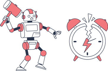 A cartoon robot smashing an alarm clock with a hammer on a white background in a vector illustration