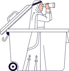 Illustration of a woman in a hijab and traditional dress looking through binoculars from inside a trash can