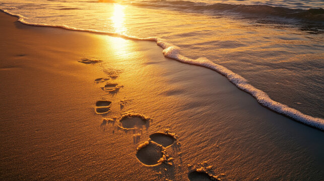 Footprints in sand along the beach at golden hour for travel ads vacation blogs romantic getaways and peaceful nature campaigns