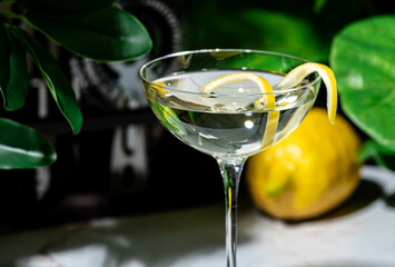 Classic martini cocktail with gin and dry vermouth garnished with lemon peel on a stylish bar table