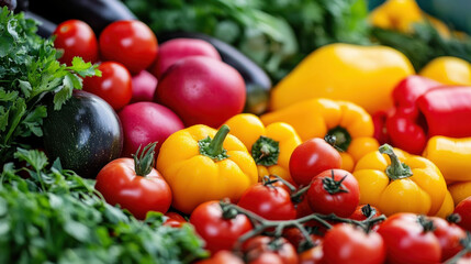 Assorted fresh bell peppers and vegetables on market stand for organic farming ads grocery store visuals and healthy food promotions