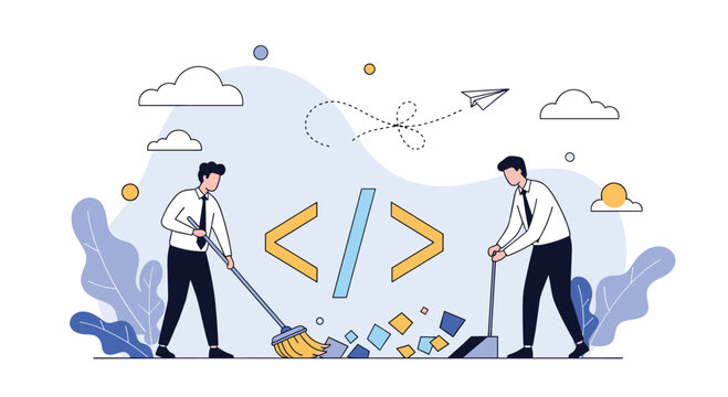 Developers diligently cleaning and organizing code for efficient software development and project maintenance