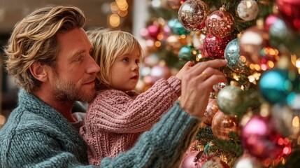 Family decorating a Christmas tree with colorful ornaments.