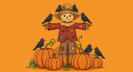 A cheerful cartoon scarecrow stands amidst pumpkins, welcoming autumn with crows perched nearby, a delightful fall scene with Image_fx (35).png influences.