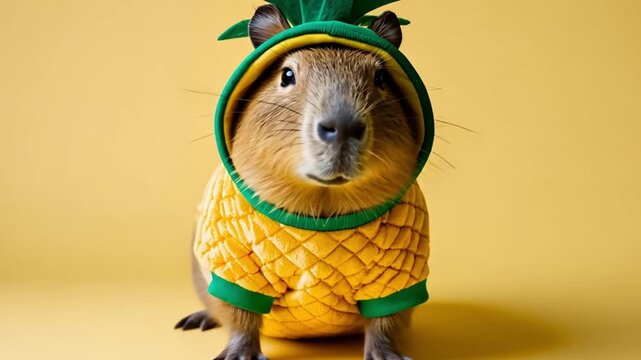 capybara dressed in a vibrant green and yellow pineapple costume against a cheerful yellow background