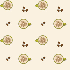 Seamless coffee pattern with latte art and beans on beige background