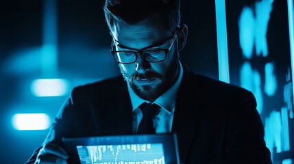 Businessman analyzing financial data using a tablet with global network connection and digital strategy