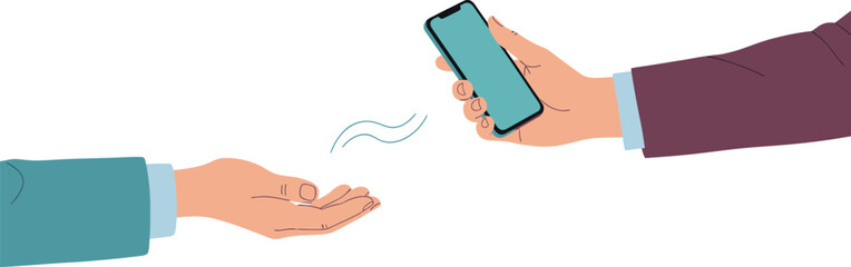 A hand holding a phone above another hand in a business setting with a white background illustration