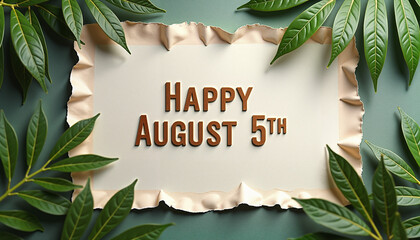 Nature-themed stationery with cheerful mood, torn paper and green leaves, copy space