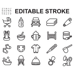 Set of baby equipment icons. Line style vectors. Contains icons such as baby drinking place, feeding chair, baby carrier, and more.