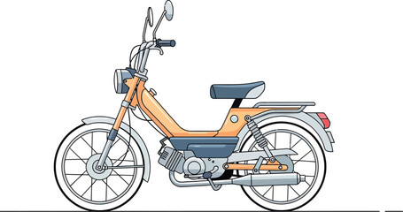 A side view illustration of a light orange moped with white tires and a gray seat on a white background